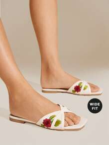 SHUZIA 女式宽版时尚舒适草编拉菲草带平底凉鞋 - 白色 - 查看 3