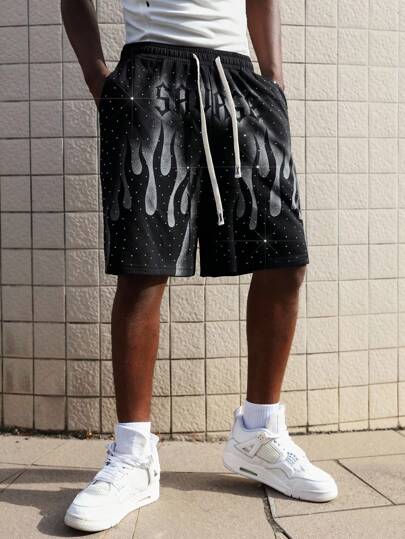 Street Life Pantalones cortos holgados para hombre con estampado de llamas pintado a mano con diamantes brillantes