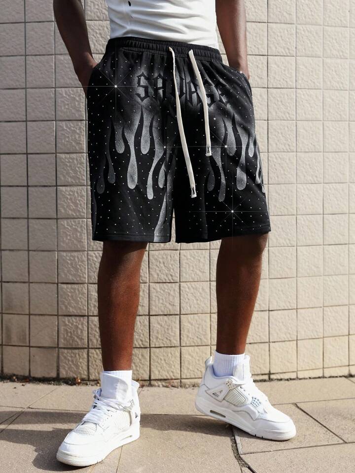 Street Life Pantalones cortos holgados para hombre con estampado de llamas  pintado a mano con diamantes brillantes