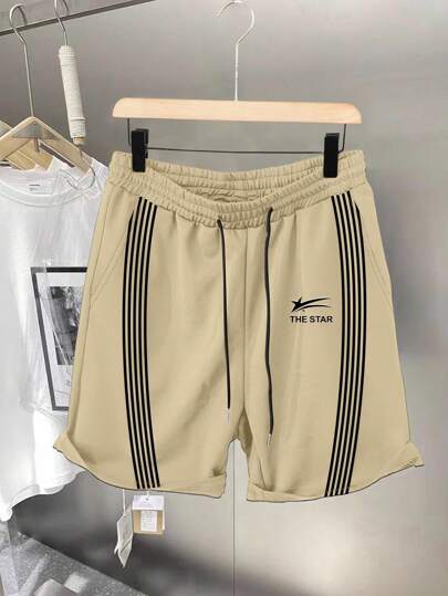 Manfinity Hypemode Men's Letter Striped Drawstring Waist Pocket Casual Shorts,Summer Gym Black Sports Commuting Back To School Vacation,Ideal Gift For Boyfriend/Husband