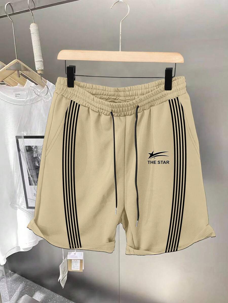 Claim Dot Men's Letter Striped Drawstring Waist Pocket Casual Shorts, Suitable For Casual Sports, Commuting, Back To School, Vacation, Ideal Gift For Boyfriend/Husband