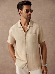 Manfinity Homme Men's Tan Faux Linen Summer Casual Vacation Holiday Shirt,Textured Short-Sleeved Cuban Antique Collar Button Cardigan,Champagne Dual-Color Shirts - Khaki - View 5