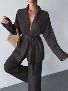EURMUSE Two Pieces With Belt Details, Cozy Sets, Easy To Wear At Home And Outdoor - Dark Grey - View 5