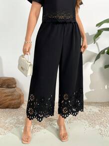 Firerie Saia Estampada Floral Recortada a Laser com Cintura Elástica para Mulheres Plus Size - Preto - Visão 11