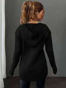 EURMUSE Cardigan With Hoodie Detail And Black Everyday Autumn Casual - Black - View 3