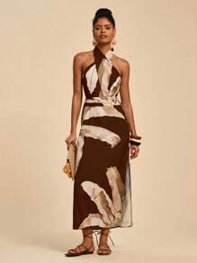 Travachic 女士花卉印花露背连衣裙，度假休闲风格 - 棕色 - 查看 1