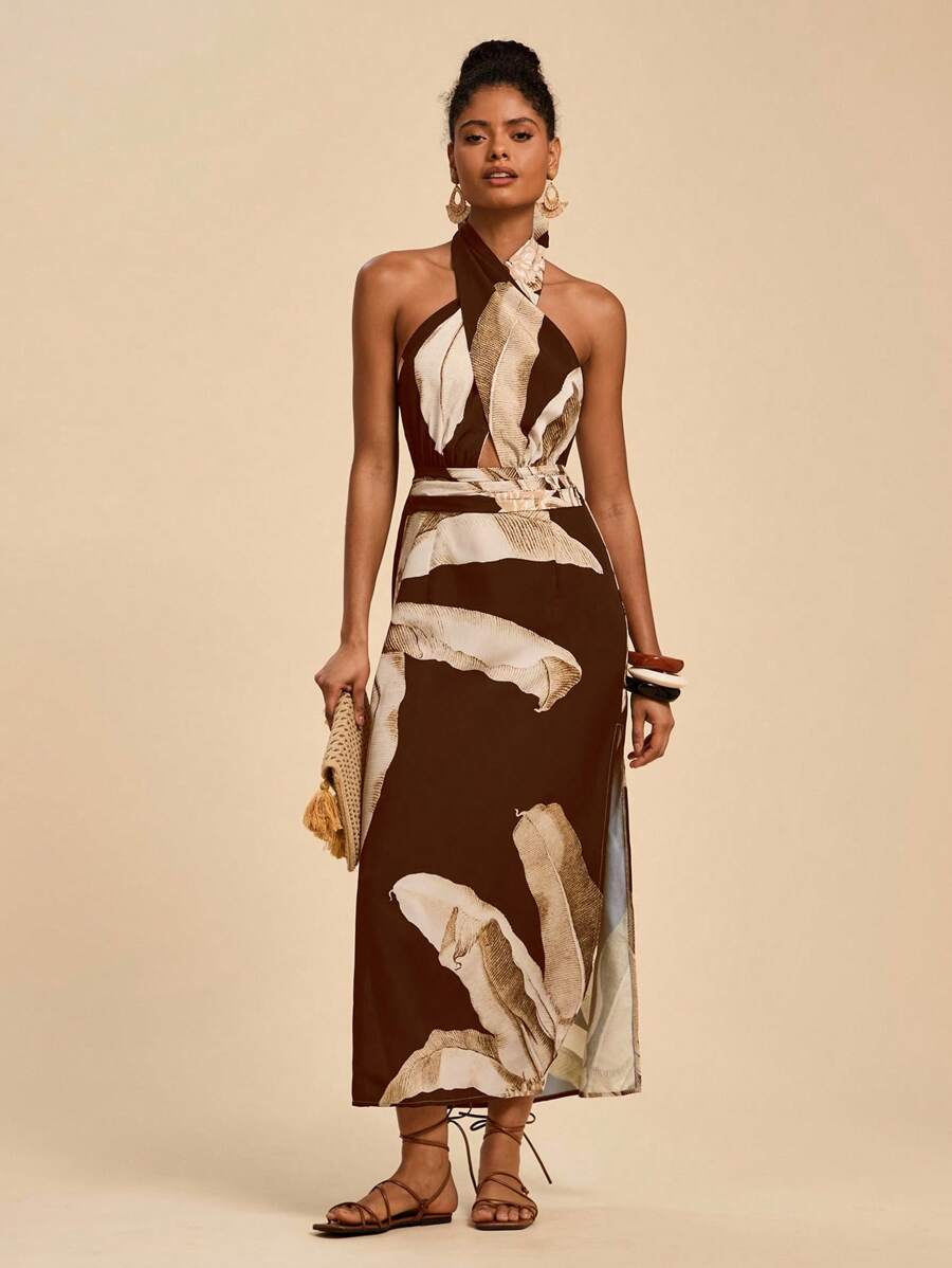 Travachic 女士花卉印花露背连衣裙，度假休闲风格 - 棕色 - 查看 1