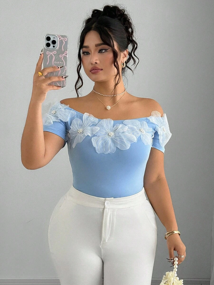 Elenzga 大码女士3D花朵露肩优雅休闲蓝色衬衫 - 彩色 - 查看 1