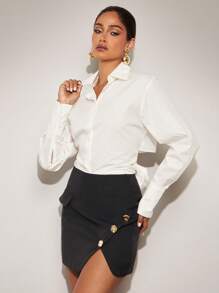 Silquee Serie elegante de alta gama, Serie de viajero, Falda corta asimétrica con botones de metal y diseño de abertura para mujer en otoño, Falda corta sexy y de oficina para profesora, Falda pantalón negra asimétrica con abertura en el muslo para mujer, Conjunto de blazer y falda con abertura lateral - Negro - Ver 5