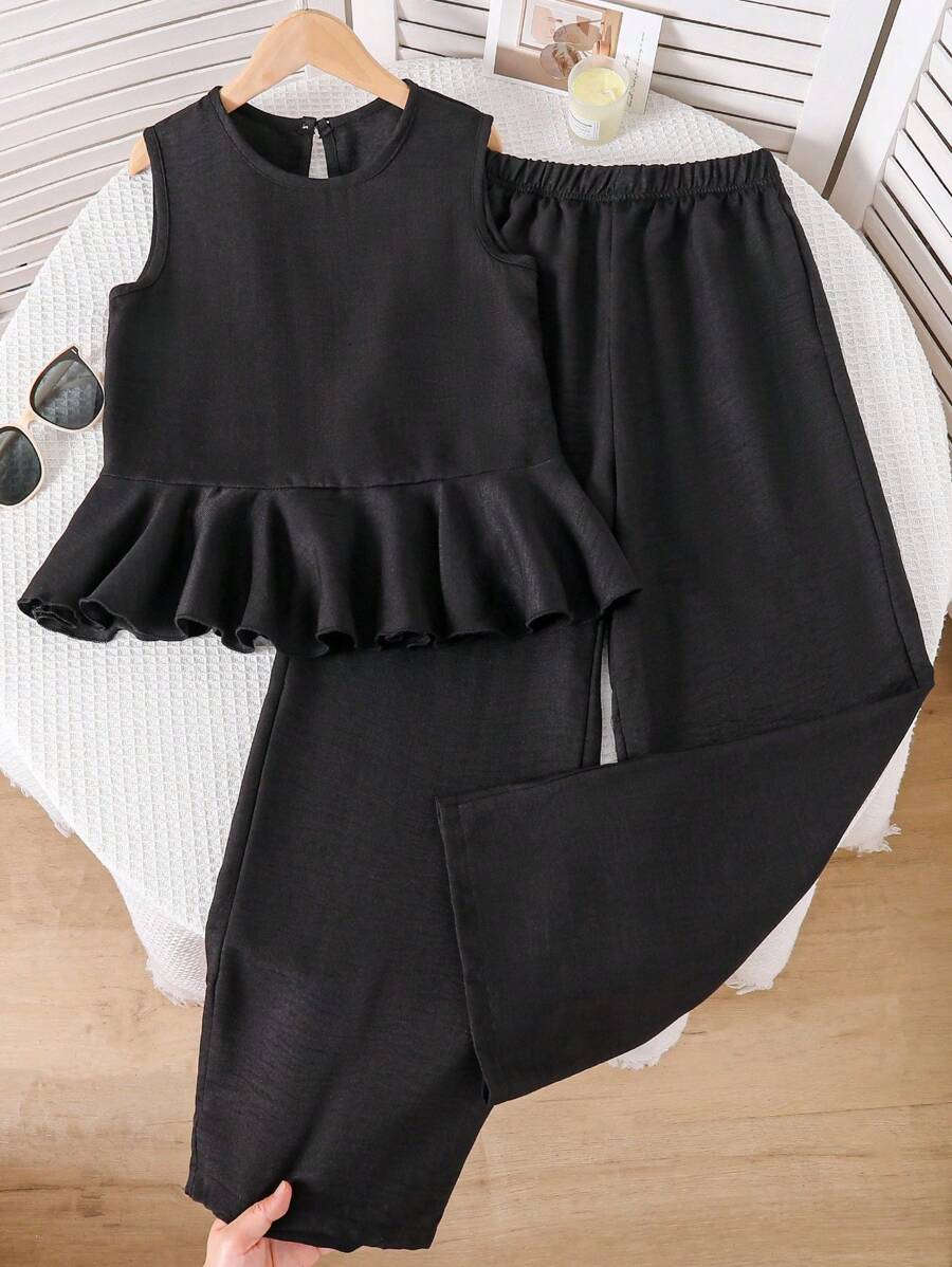Girls Vacation Casual Ruffle Crop Top + Wide Leg Pants 2 Pieces Set - Black - View 1