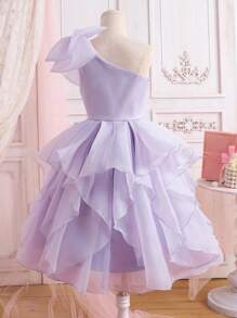 SHEIN Tween Girl Exaggerated Ruffled One Shoulder Big Bow Organza Dress