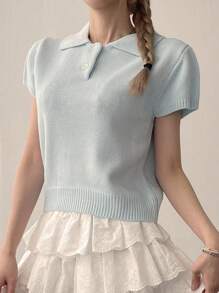 DAZY 女士 Polo 领短袖毛衣 - 藍色 - 查看 4