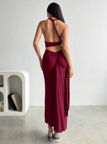 Aloruh Women's Elegant Sexy Deep V Chest Detail Open Back Ruched Skirt Beach Vacation 2pcs Set - Burgundy - View 5
