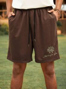 ROMWE MEN The White Lotus 男士夏季休闲莲花字母图案抽绳腰斜口袋宽松短裤 - 棕色 - 查看 4