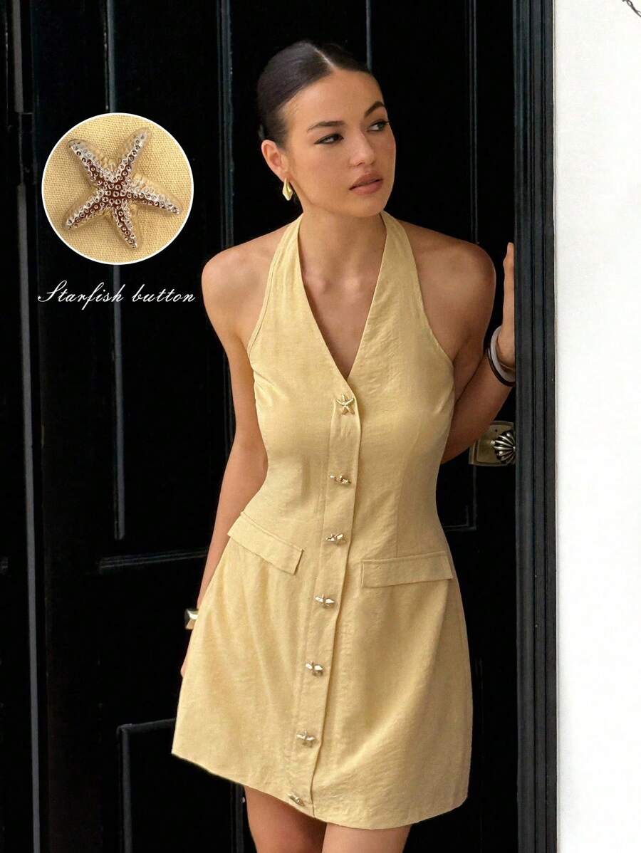 Rafferiza Robe moulante mini avec décolleté en V sans manches et dos nu, design ajouré, taille cintrée, minimaliste, élégante, convient pour les sorties et les vacances - Jaune citron - Voir 1