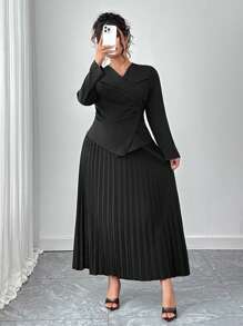 Elenzga Plus Size Women Spring/Autumn 2pcs Set: Simple Solid Color Lapel Collar Ruched Waist Blouse & Pleated Skirt - Black - View 1