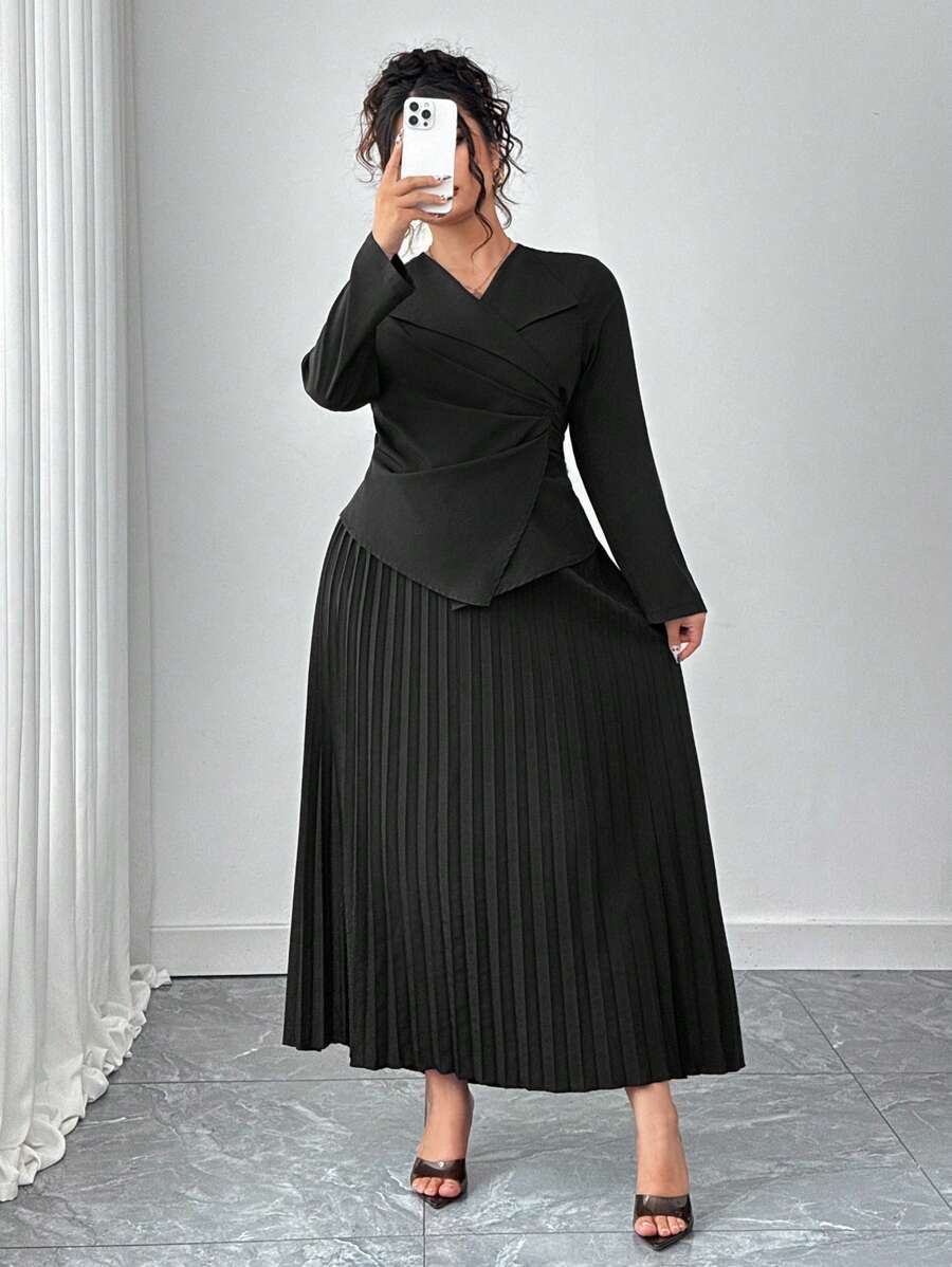Elenzga Plus Size Women Spring/Autumn 2pcs Set: Simple Solid Color Lapel Collar Ruched Waist Blouse & Pleated Skirt - Black - View 1