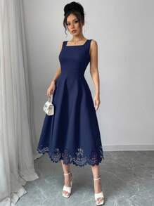 Elenzga Đầm mini khoét rỗng màu trơn thanh lịch mùa hè cho nữ - Màu xanh hải quân - Xem 4