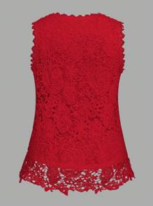 SHEIN Clasi 大码女式圆领无袖蕾丝拼接优雅吊带背心衬衫 - 紅色 - 查看 2