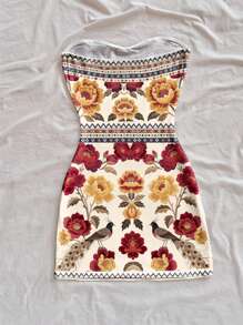 Dreamara 大码女士度假波西米亚花卉刺绣印花露肩迷你连衣裙，休闲日常百搭，约会，下午茶，海滩，游轮，城市度假，适合所有季节，婚礼季节，海滩，春夏季度假，游轮，海岛度假，音乐节，波西米亚度假 - 彩色 - 查看 2