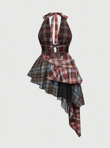 ROMWE J-Fashion 复古 Y2K 女式拼接无袖沙滩演唱会连衣裙，铆钉、水钻、蕾丝、网眼、不对称下摆、低腰、加大码，适合夏季、度假、音乐节，红色、蓝色