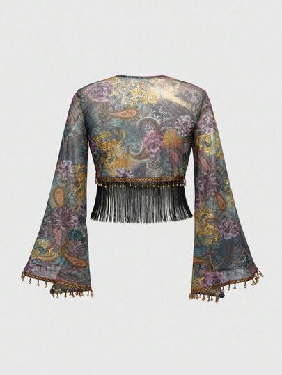 Hippie Vintage Hippie Western Cowboy Music Festival See-Through Wooden Bead Tassel Hem Paisley Print Lace-Up Plus Size Top