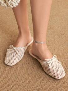 Styleloop Giày bệt đế xuồng cao 1cm có nơ trang trí, chất liệu dệt và PU, màu hạnh nhân, thoải mái và thời trang, phù hợp với phong cách Bohemian, phương Tây, lễ hội âm nhạc, trang phục dự tiệc - Màu be - Xem 6