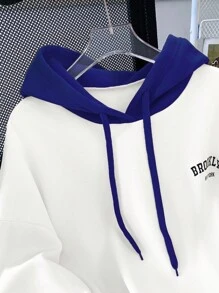 SHEIN EZwear Áo nỉ chui đầu có mũ trùm đầu màu sắc đơn giản dành cho nữ mùa thu - Màu xanh hải quân - Xem 3