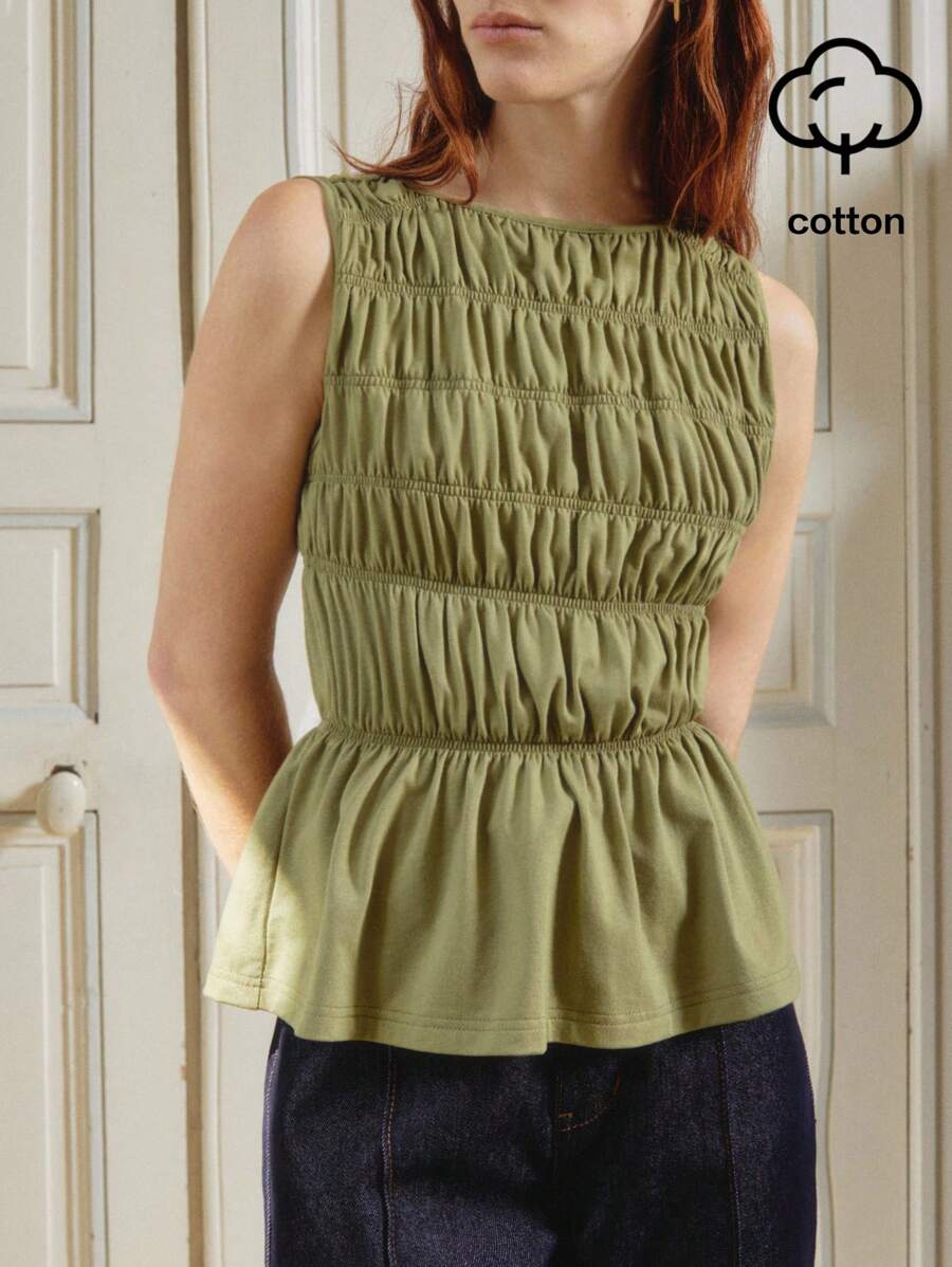 lacRébo Olive Green Smocked Sleeveless Cotton Top With Flared Hem Cute Autumn Top Teacher Top Spring Summer - Olive Green - View 1
