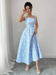 Elenzga 全新女式纹理花卉编织面料纯色宽肩带露背蝴蝶结设计时尚年轻合身通勤休闲收腰修身优雅精致年轻百搭中长连衣裙 - 藍色 - 查看 6