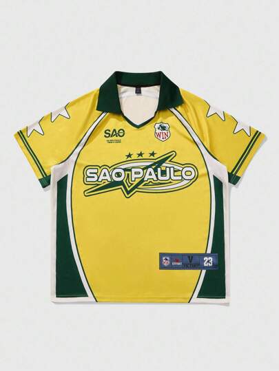 Prep Polo de fútbol de Brasil para hombres, estilo callejero, camiseta casual de manga corta con parches texturizados, diseño de color block, cuello en V, verde