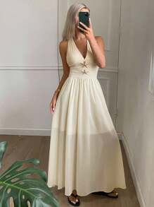 DAZY Damen Gold Metall Seestern Dekor rückenfrei Bindeband Vorderseite Chiffon Kleid, geeignet für Strandurlaub Kreuzfahrt Outfit für Frauen - Butter Yellow - Übersicht 1