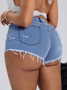 Slaydiva Plus Size Women Pockets Distressed Frayed Hem Casual Denim Shorts - Light Wash - View 2
