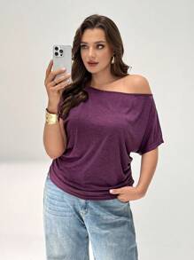 SHEIN Essnce Áo kiểu nữ cỡ lớn thời trang xuân hè, dáng rộng thoải mái, mỏng nhẹ, thoáng mát, màu tím cổ bất đối xứng, kiểu dáng đơn giản, thích hợp mặc đi làm, đi chơi, đi du lịch, nghỉ mát, tôn dáng. - Màu tím - Xem 4