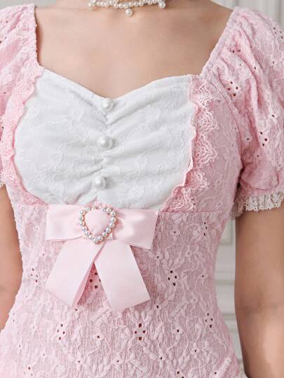 ROMWE EDITION Women's Cute Girl's Knitted Textured Printed T-Shirt With Lace Bow Trim