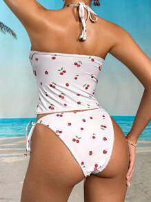 Swim Mod Sweet Cherry Plaid Bikini Set, Halter Style For Summer Beach Vacation - Multicolor - View 2