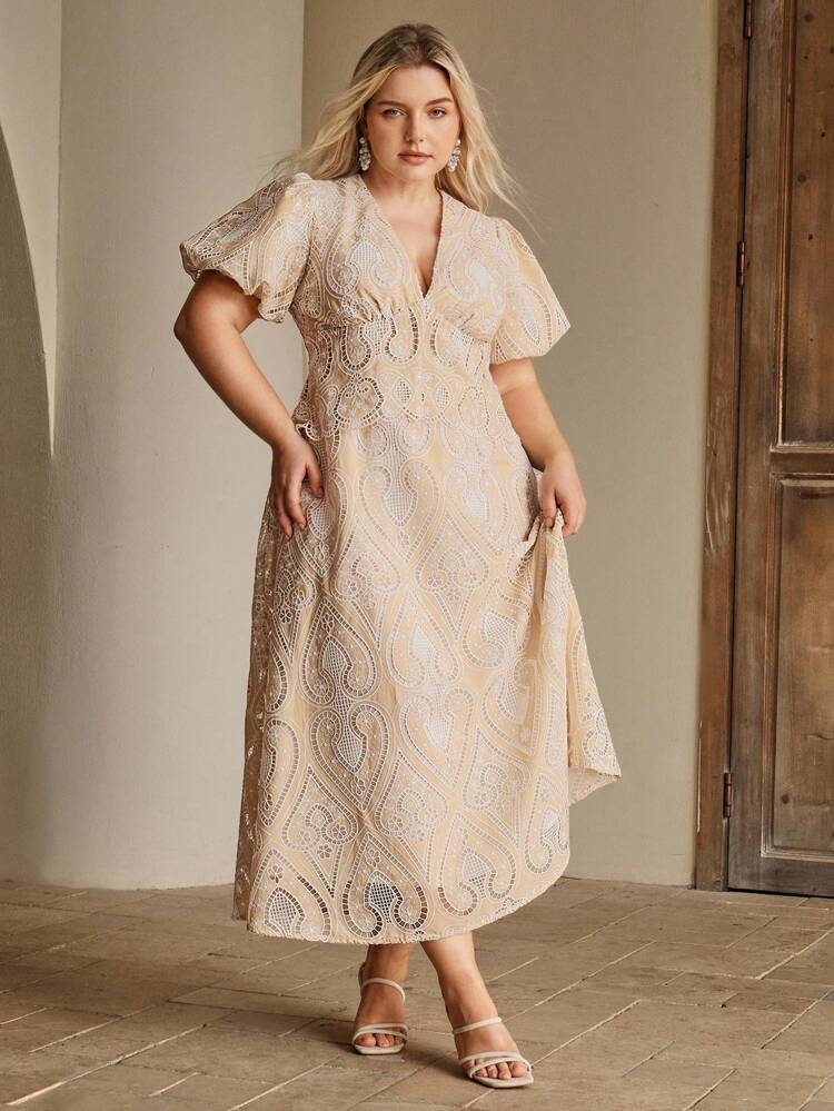 New Embroidered Hollow-Out V-Neck Patchwork Long Dress, Elegant, Modest, Suitable For Spring And Festivals, Plus Size