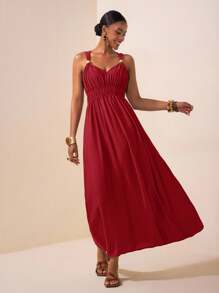 Zivah 2025 春夏新款 音乐节、复活节、圣帕特里克节、西部风、游牧风、生日派对、毕业典礼、学院风、学生风、休闲风、度假风、邮轮风、海滩风、日光浴风、时尚风、街头风、婚礼宾客风、通勤风、早午餐风、机场风 棕色细肩带 V 领无袖木质纽扣装饰褶皱腰长裙 - 紅色 - 查看 4