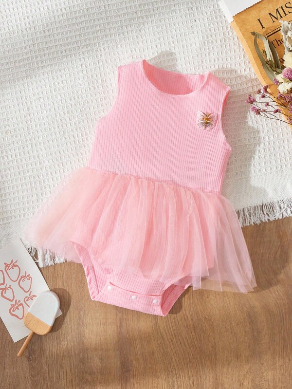 Blossori Baby Girls' Countryside Resort Pink Knitted Patchwork Mesh Jumpsuit