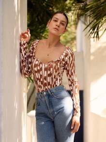Sunsella Combinaison body imprimée à manches longues, tenue sexy pour femmes à porter à la plage, en vacances