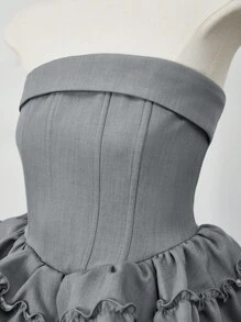 Glamine Vestido mini gris sin tirantes con cintura fruncida y capas - Gris - Ver 6