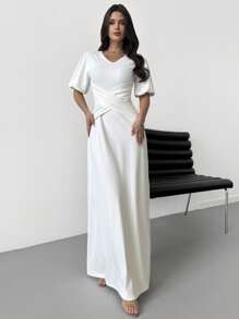 Firerie Damen elegantes, romantisches Qualitätskleid mit V-Ausschnitt, Puffärmeln, Taille mit Raffung und A-Linie Rock, für Cocktailparty, Urlaub und täglich, weiß