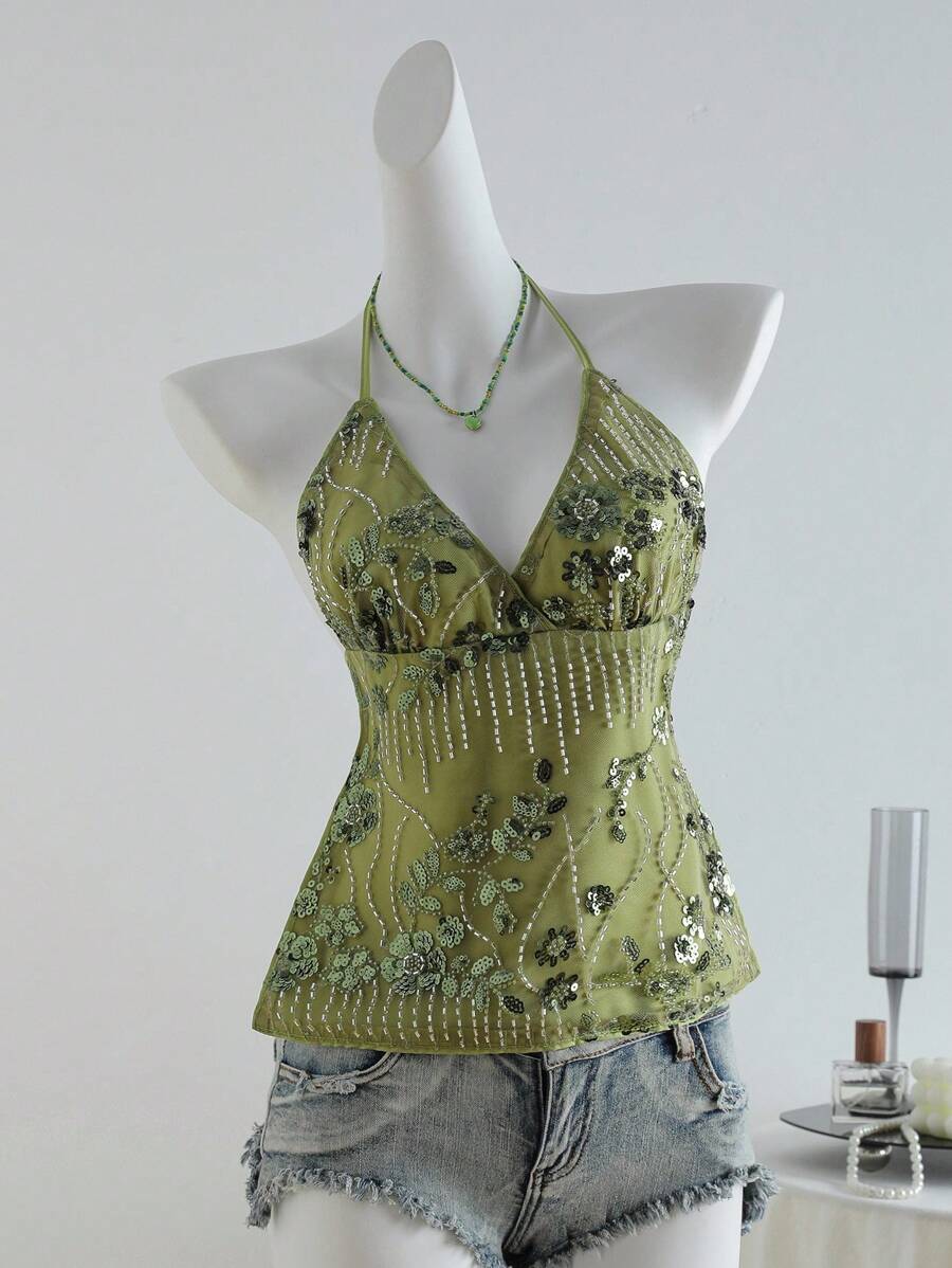 Zolique 蓝色亮片装饰浪漫吊带背心，适合夏季海滩度假，绿色亮片上衣，露背上衣，女士夏季上衣，绿色露背上衣，亮片露背上衣，女士露背上衣 - 綠色 - 查看 1