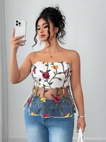 Elenzga Elegant Fashion Embroidered Mesh Plus Size Women Crop Top
