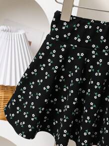 Young Girl Woven Ditsy Floral Wide Leg Shorts For Spring/Summer Outings, Mom And Daughter & Sisters Matching Style, Matching Family Vacation, Holidays, French, Cute & Elegant & Sweet & Vintage & Fashionable.Great For Casual & Daily Wear & School Daily. Girls Skirts With Shorts., Skirts With Built In Shorts - Black - View 4
