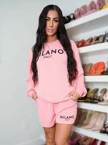 SAYEHFBABY 2 peças MILANO Slogan Print Loose Fit Gola Redonda Manga Longa Moletom Terno Para Mulheres, Adequado Para Primavera E Outono