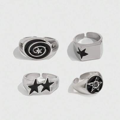 ROMWE Goth 4 件套朋克风格螺旋星戒指，情侣可调节戒指套装