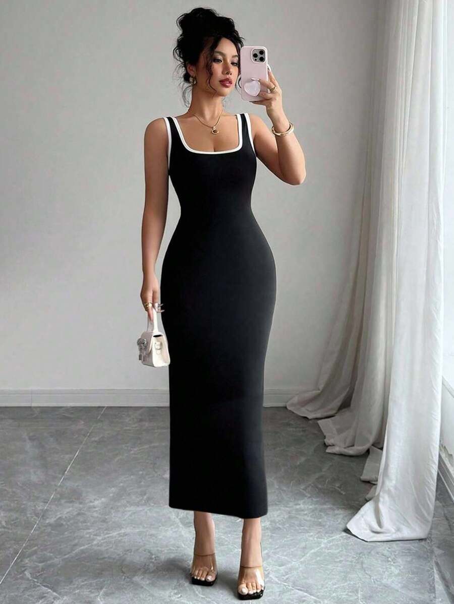 INAWLY 优雅拼色长款无袖连衣裙，夏季 - 黑色 - 查看 1