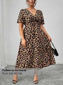 Firerie Plus Size Vintage Leopard Print Short Sleeve Kink Cinched Waist Dress Spring To Summer - Coffee Brown - View 1