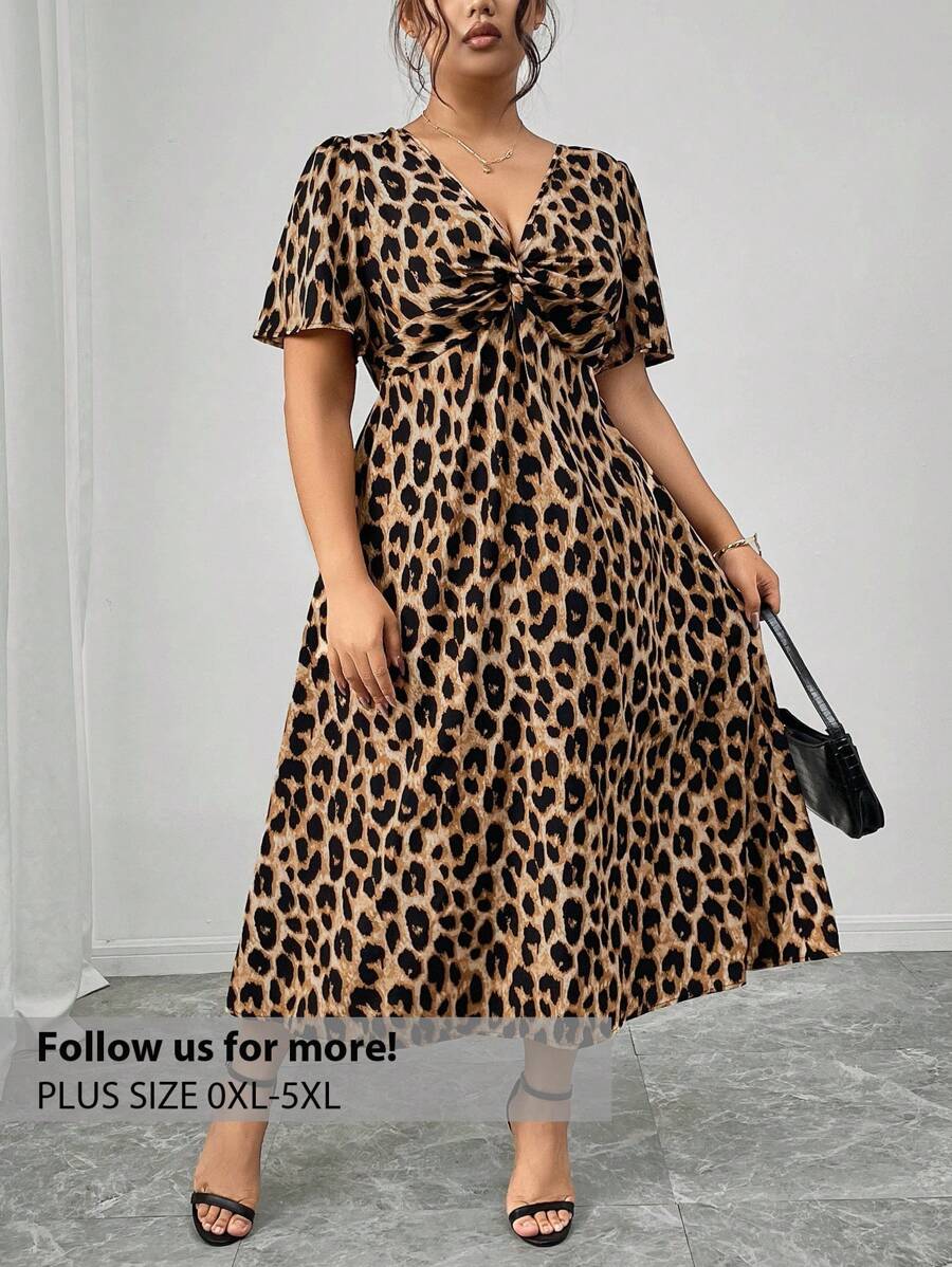 Firerie Plus Size Vintage Leopard Print Short Sleeve Kink Cinched Waist Dress Spring To Summer - Coffee Brown - View 1